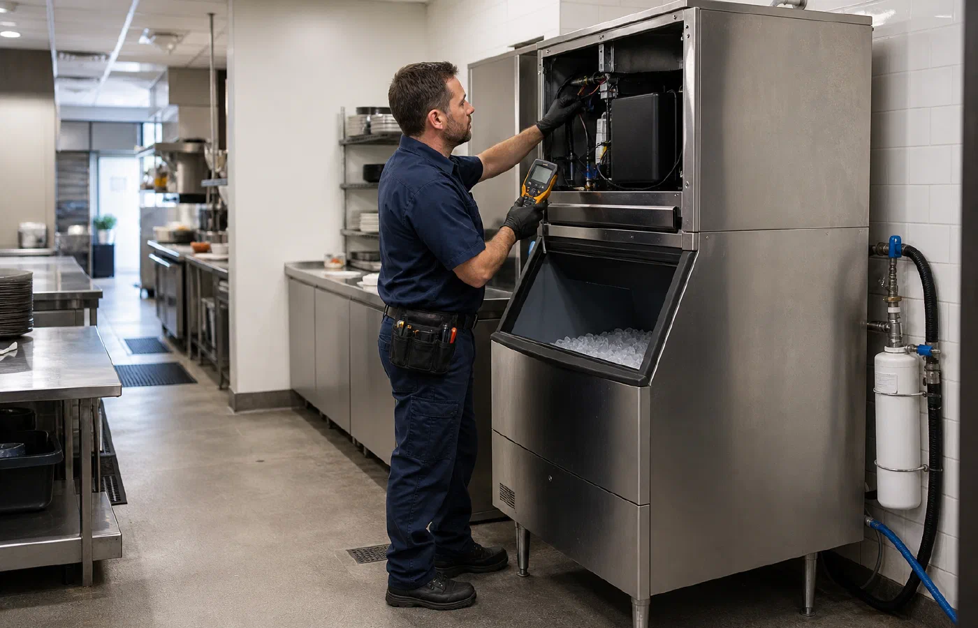 Technician diagnosing a commercial ice machine in a Seattle restaurant kitchen
