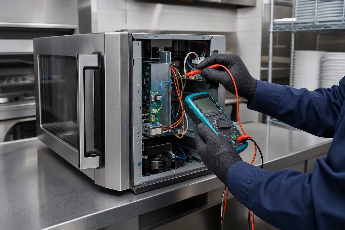 Technician diagnosing a commercial microwave with insulated test equipment