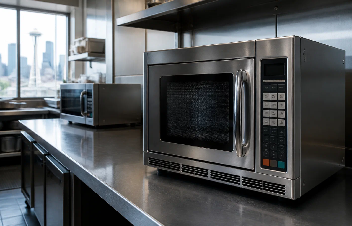 Heavy-duty commercial microwave ovens in a Seattle restaurant kitchen