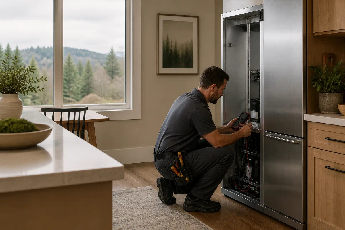 Appliance technician performing diagnostics for a Monroe service request