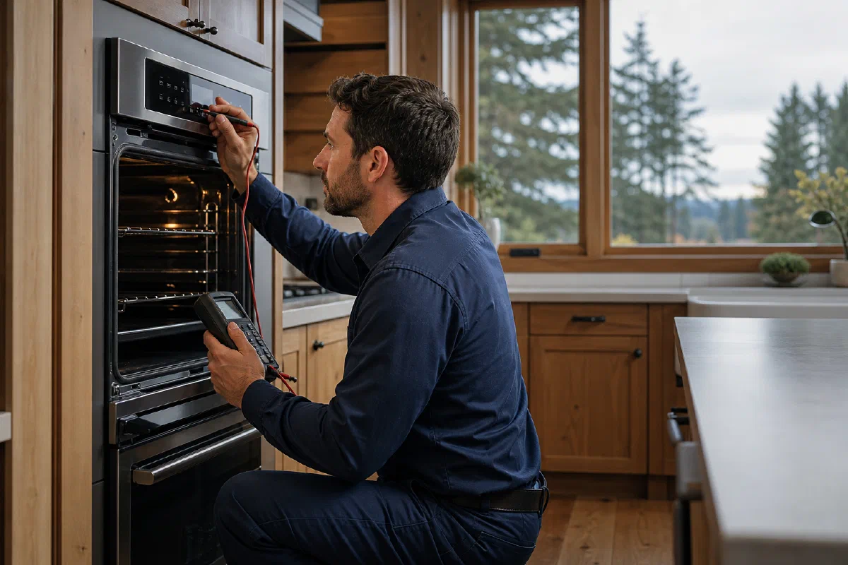 Appliance technician performing diagnostics for a Snohomish service request